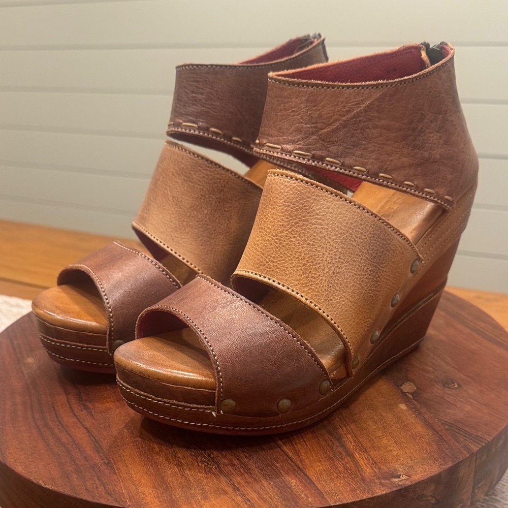 Bed Stu Tan and Brown Leather Wedges